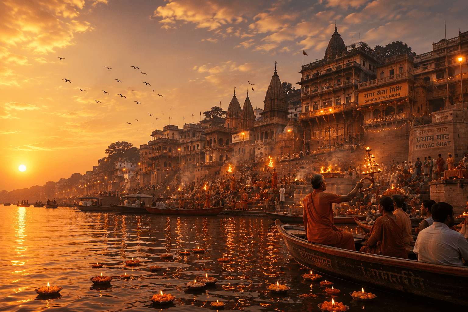 Sunset aarti on the Ganges at Varanasi ghats — boats, lamps on the water, and historic riverfront architecture